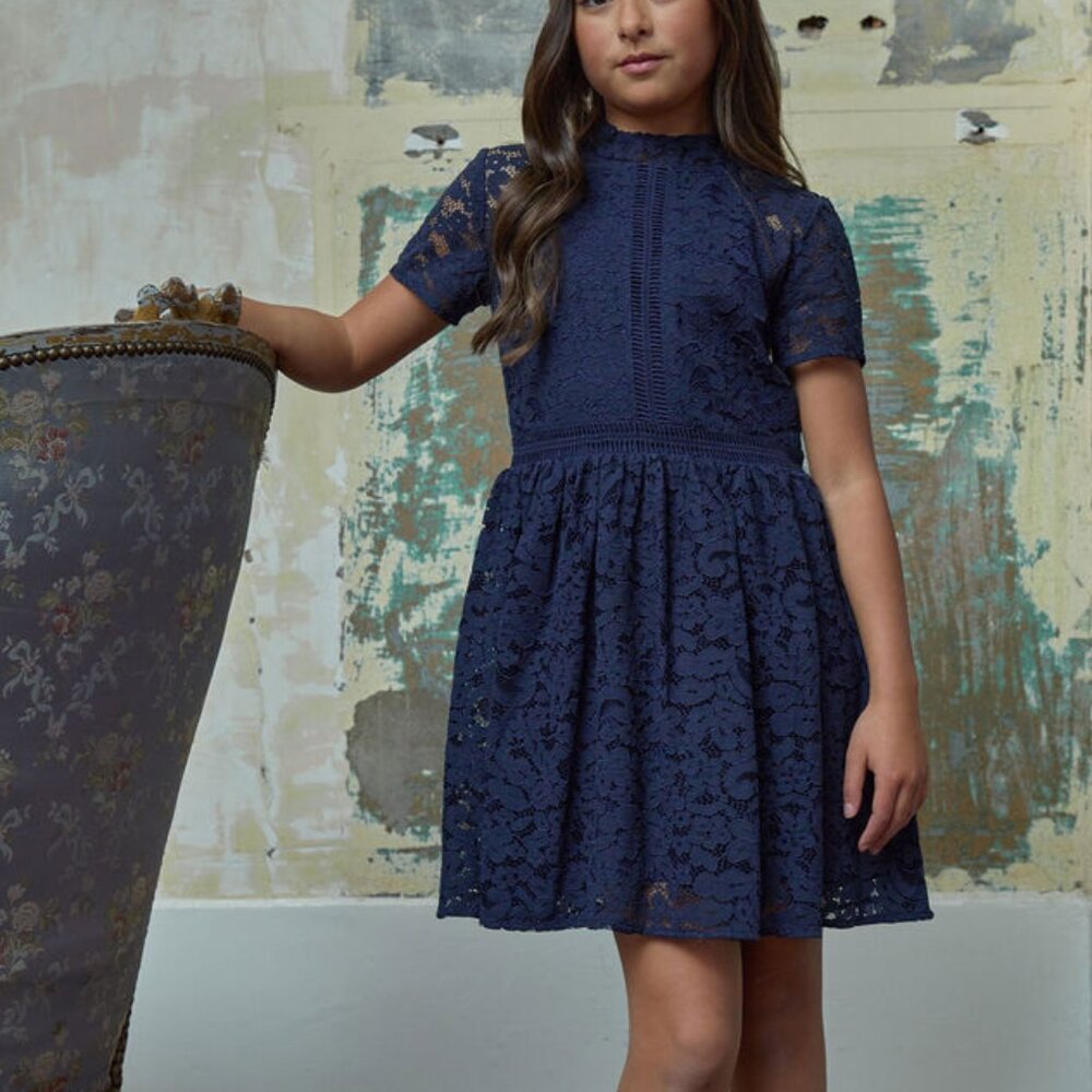 BARDOT JUNIOR ! Girls Mila Mini Lace Dress In Navy (8)